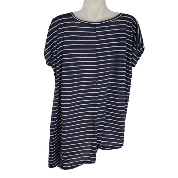 Happening In The Present Womens Top Medium Blue Striped Linen Blend Asymmetrical - Picture 2 of 9